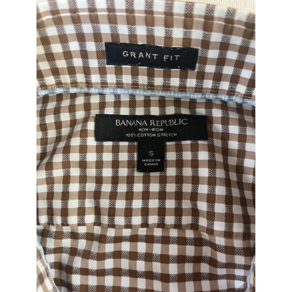 Banana Republic Grant Fit Shirt Mens Small Brown Gingham Non-Iron Cotton Stretch